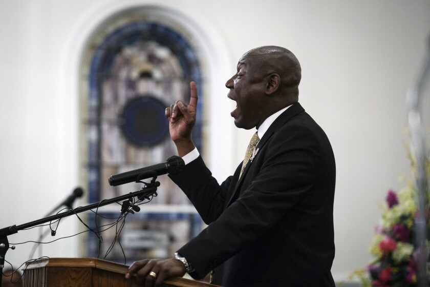 Attorney Ben Crump speaks during a rally for Jason Walker at Good Hope Missionary Baptist Church on Thursday, Jan. 13, 2022, in Fayetteville, N.C. Jason Walker, 37, was shot and killed on Saturday by an off-duty deputy with the Cumberland County Sheriff's Office. (Andrew Craft/The Fayetteville Observer via AP)