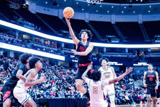 Jared McCain of Corona Centennial goes up against St. John Bosco's Amiri Meadows in Open Division final at H