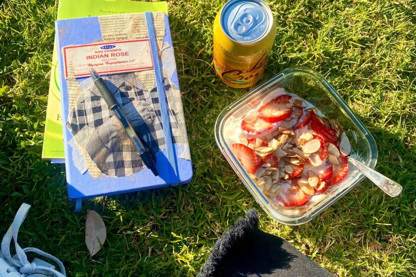 A green book, blue notebook, orange sparkling water and a strawberry parfait are arranged on a bed of green grass.