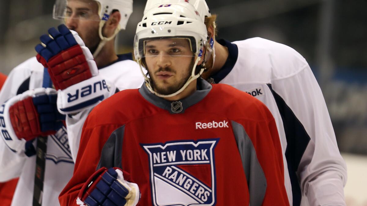 New York Rangers forward Daniel Carcillo practices with the team at Staples Center on Tuesday. Carcillo's 10-game suspension has been reduced to six games NHL Commissioner Gary Bettman.