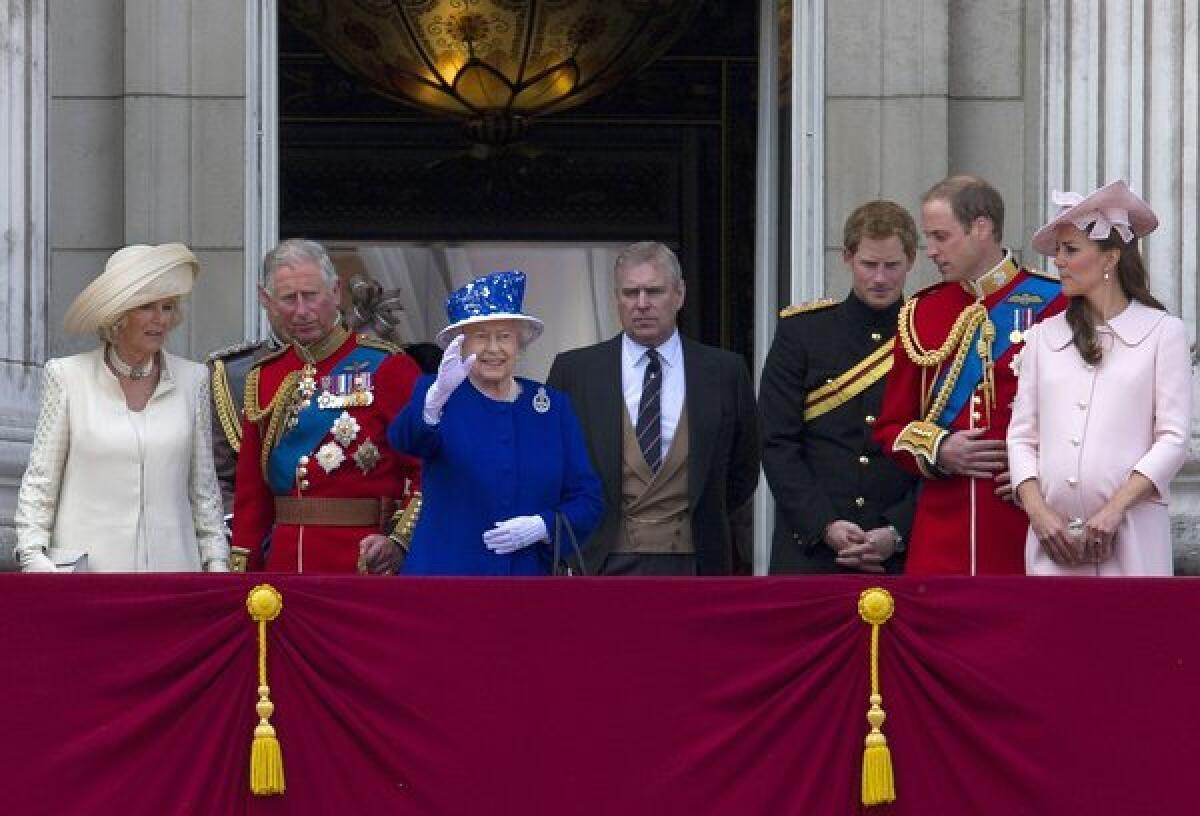 In June, shortly before the Duchess of Cambridge, right, withdrew from the public eye to await the birth of her first child, with Queen Elizabeth II (in blue) with other members of the British royal family: From left, Camilla, Duchess of Cornwall; Prince Charles; Prince Andrew; Prince Harry; and Prince William, the Duke of Cambridge.