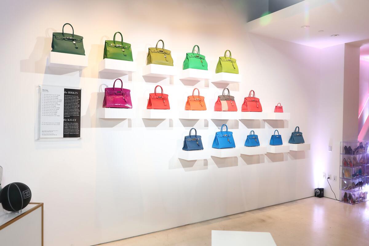 A selection of vintage Hermès Birkin bags are displayed art-gallery style in the new Tradesy space in Santa Monica.