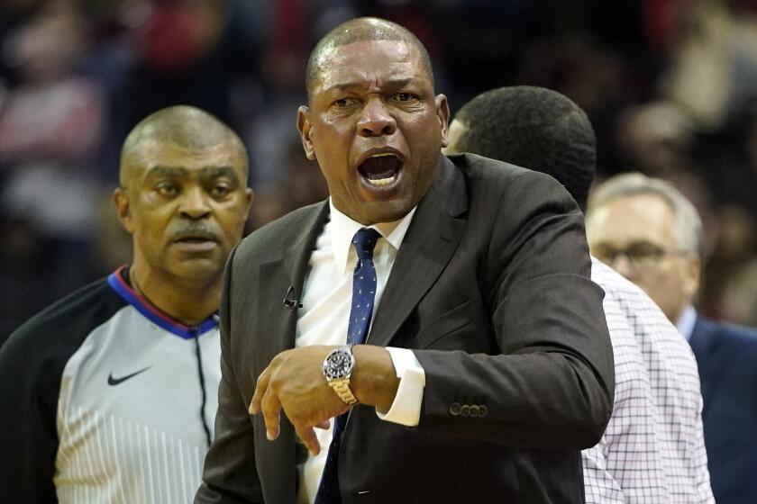 LA Clippers coach Doc Rivers yells at an official before being ejected from the game during the second half of an NBA basketball game against the Houston Rockets Wednesday, Nov. 13, 2019, in Houston. The Rockets won 102-93. (AP Photo/David J. Phillip)