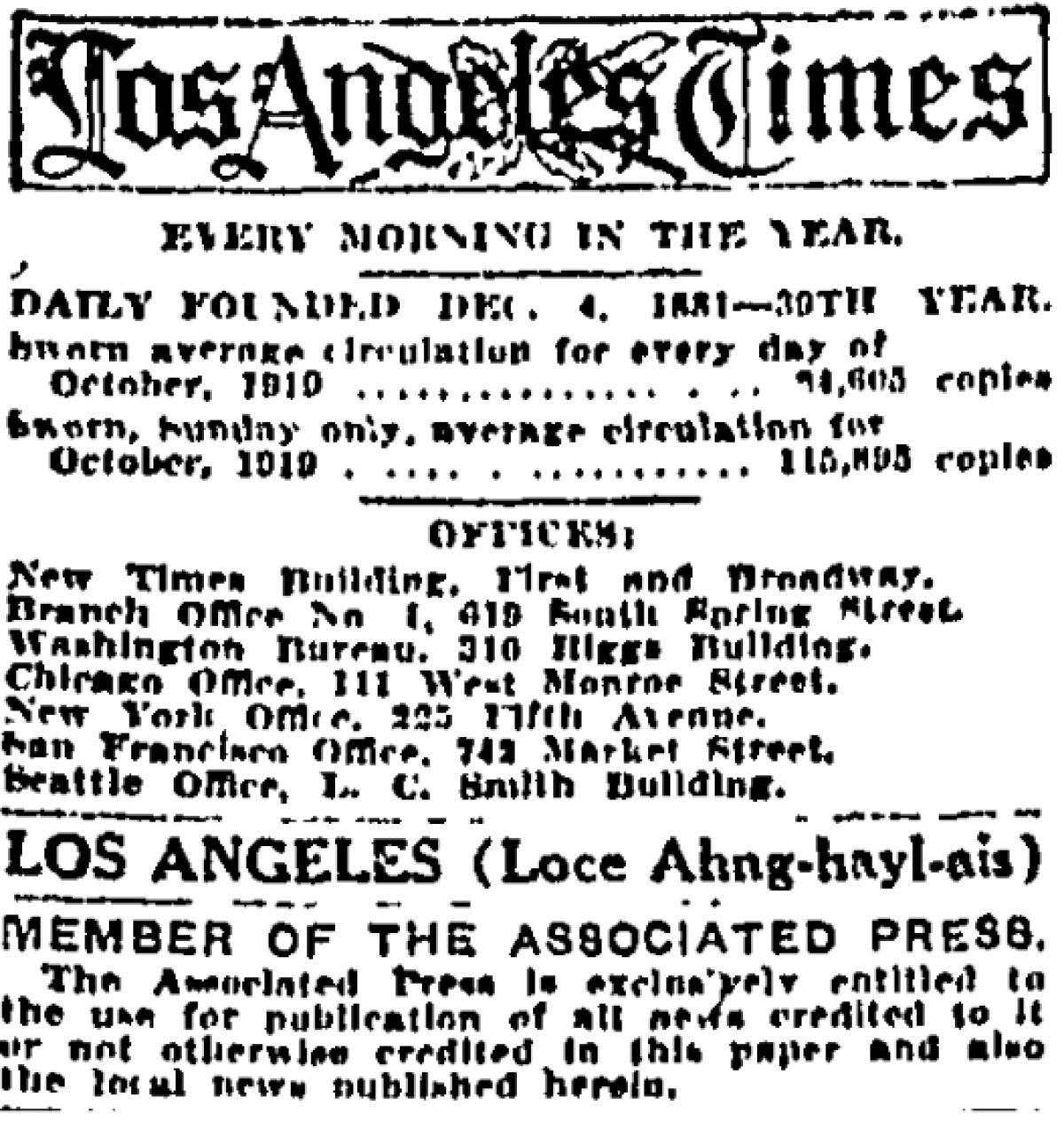 The L.A. Times masthead from Jan. 1, 1920, includes a guide to how to pronounce Los Angeles: "Loce Ahng-hayl-ais."