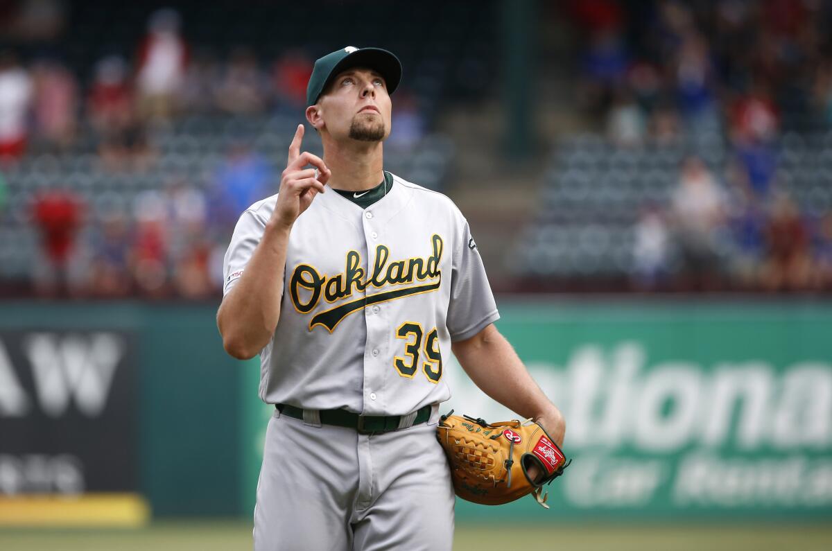 Athletics reliever Blake Treinen after a victory over the Rangers on June 9 in Texas.