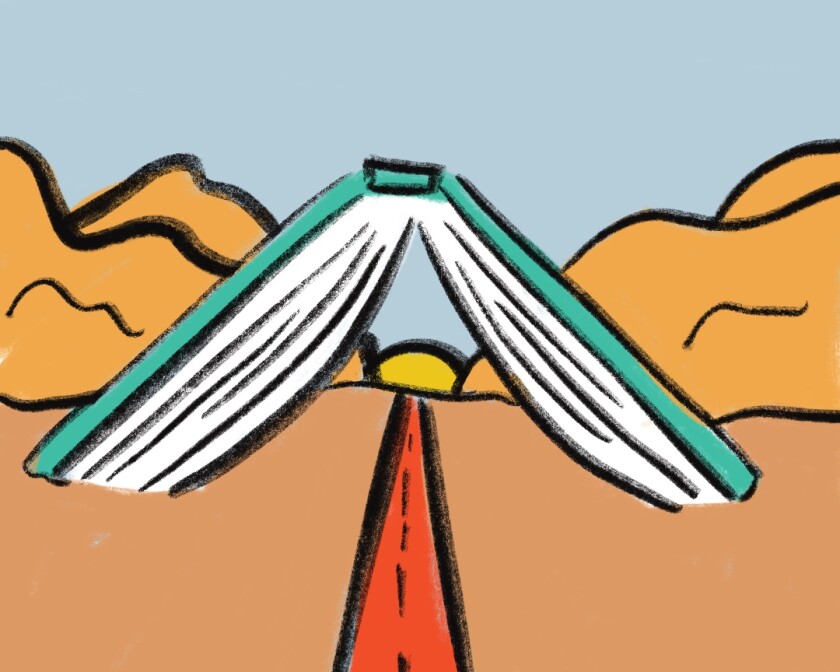 illustration of a book face down over a desert sunset road.