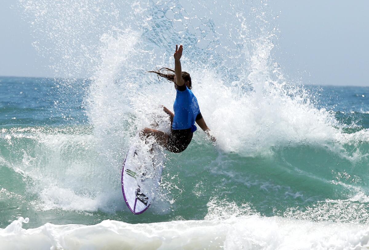 Bettylou Sakura Johnson of Hawaii completes a cutback during the final heat of the U.S. Open of Surfing on Sunday.