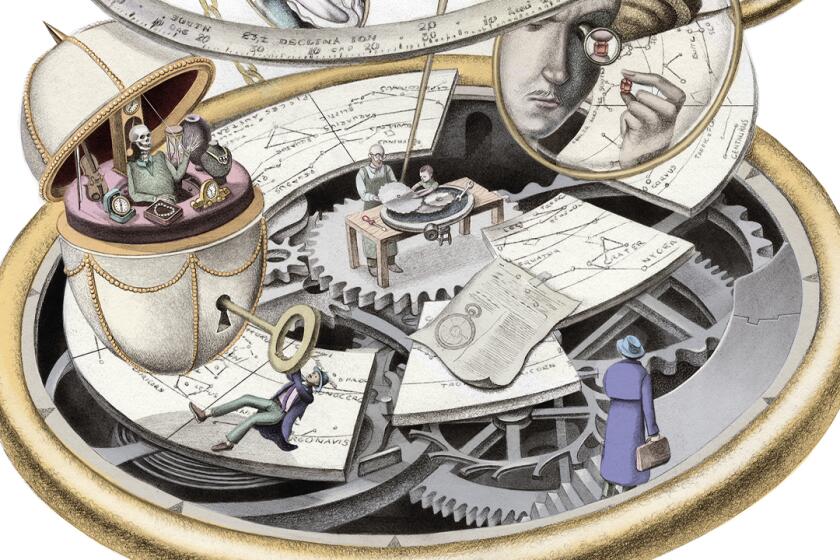 Illustration of a pocketwatch with scenes of a detective, jeweler and skeleton auctioneer drawn inside.