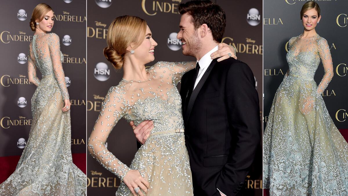 Stars Lily James and Richard Madden at the "Cinderella" premiere Sunday in Hollywood.
