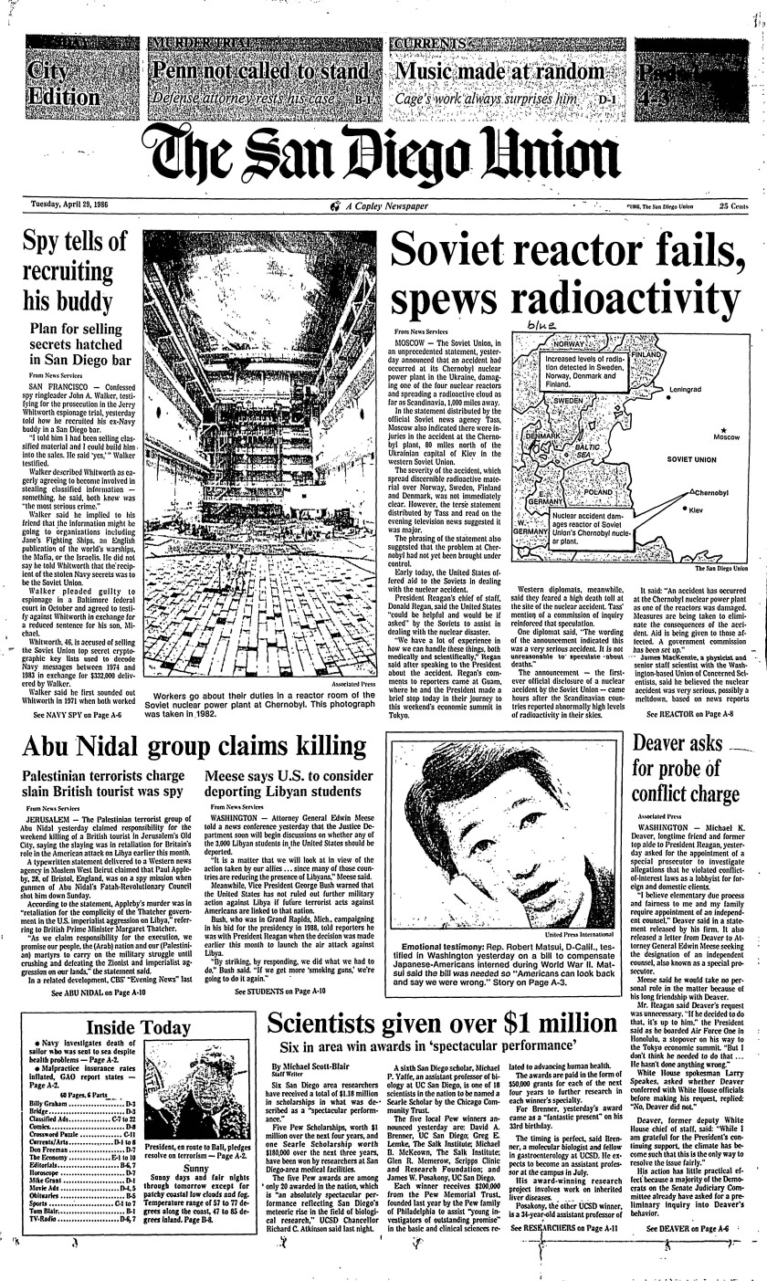 "Soviet reactor fails, spews radioactivity," from the front page of The San Diego Union, April 29, 1986.