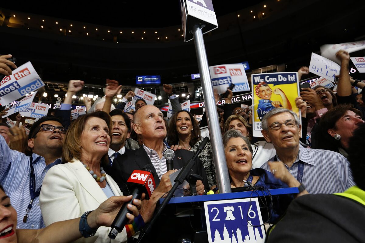 Gov. Jerry Brown on the floor of the Democratic National Convention on Tuesday.
