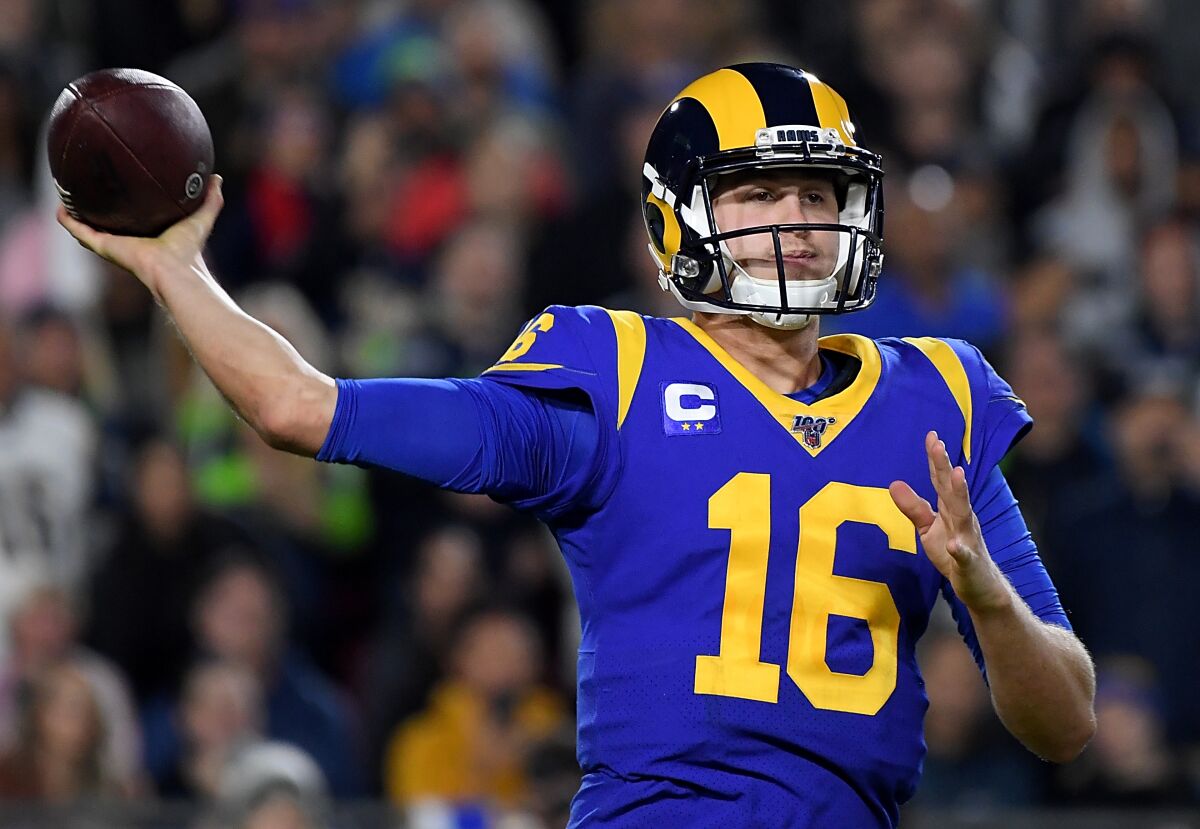 Rams quarterback Jared Goff tosses a pass during a win over the Seattle Seahawks on Dec. 8.