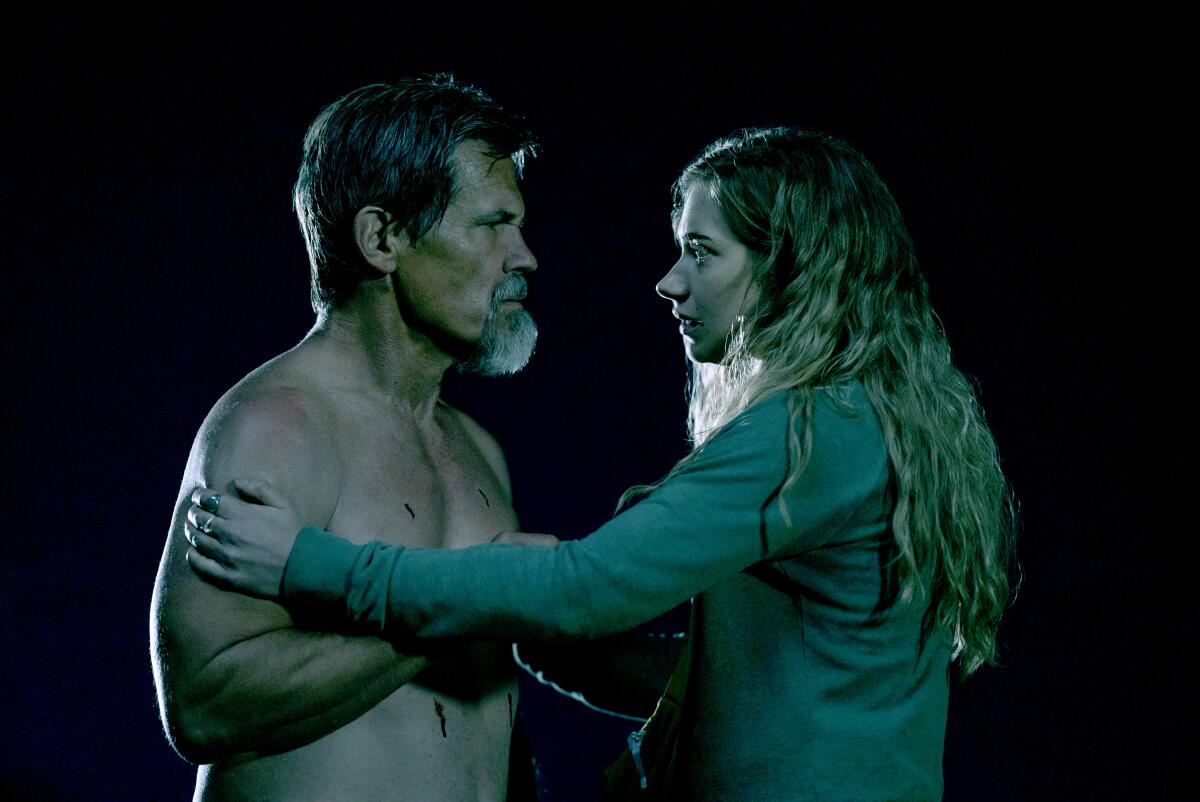 Josh Brolin as Royal Abbott, left, and Imogen Poots as Autumn in "Outer Range."