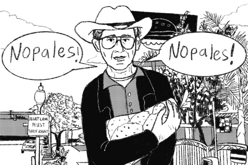 Illustration of a man wearing a cowboy hat holding a bag of cactuses for sale shouting "Nopales!"