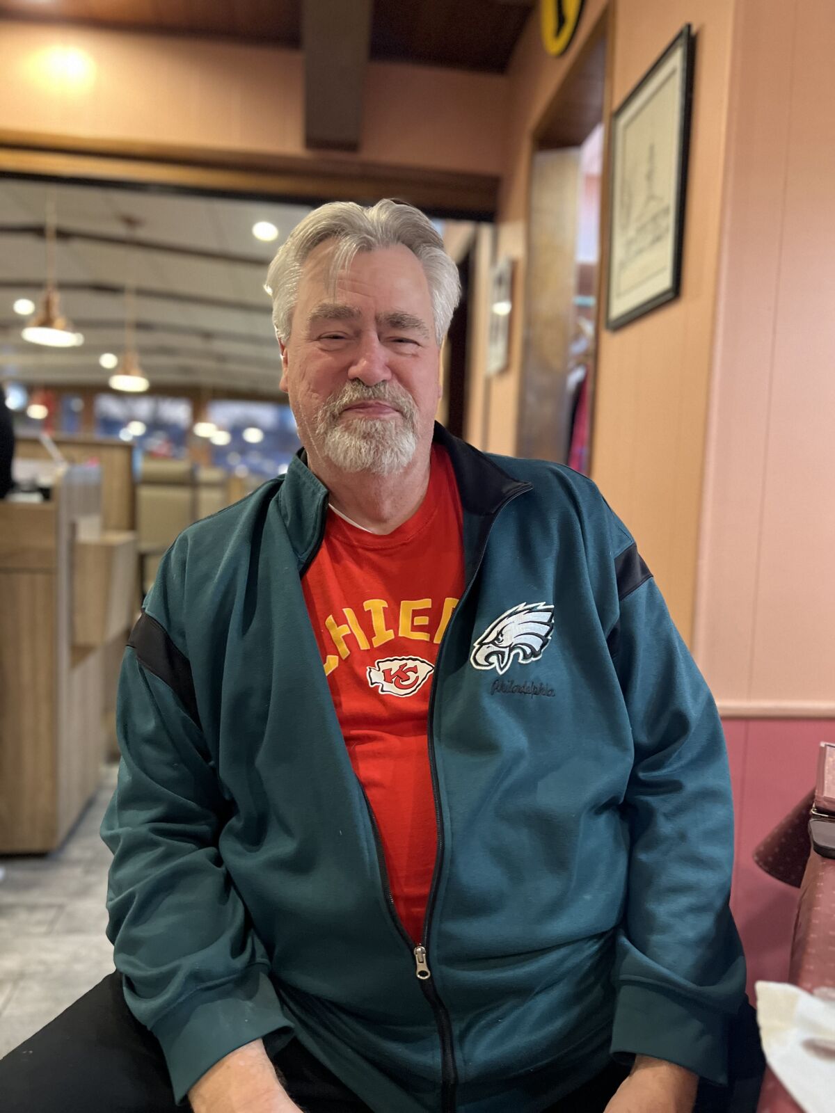 Ed Kelce, father of the Chiefs' Travis and the Eagles' Jason, at a diner in Media, Pa.