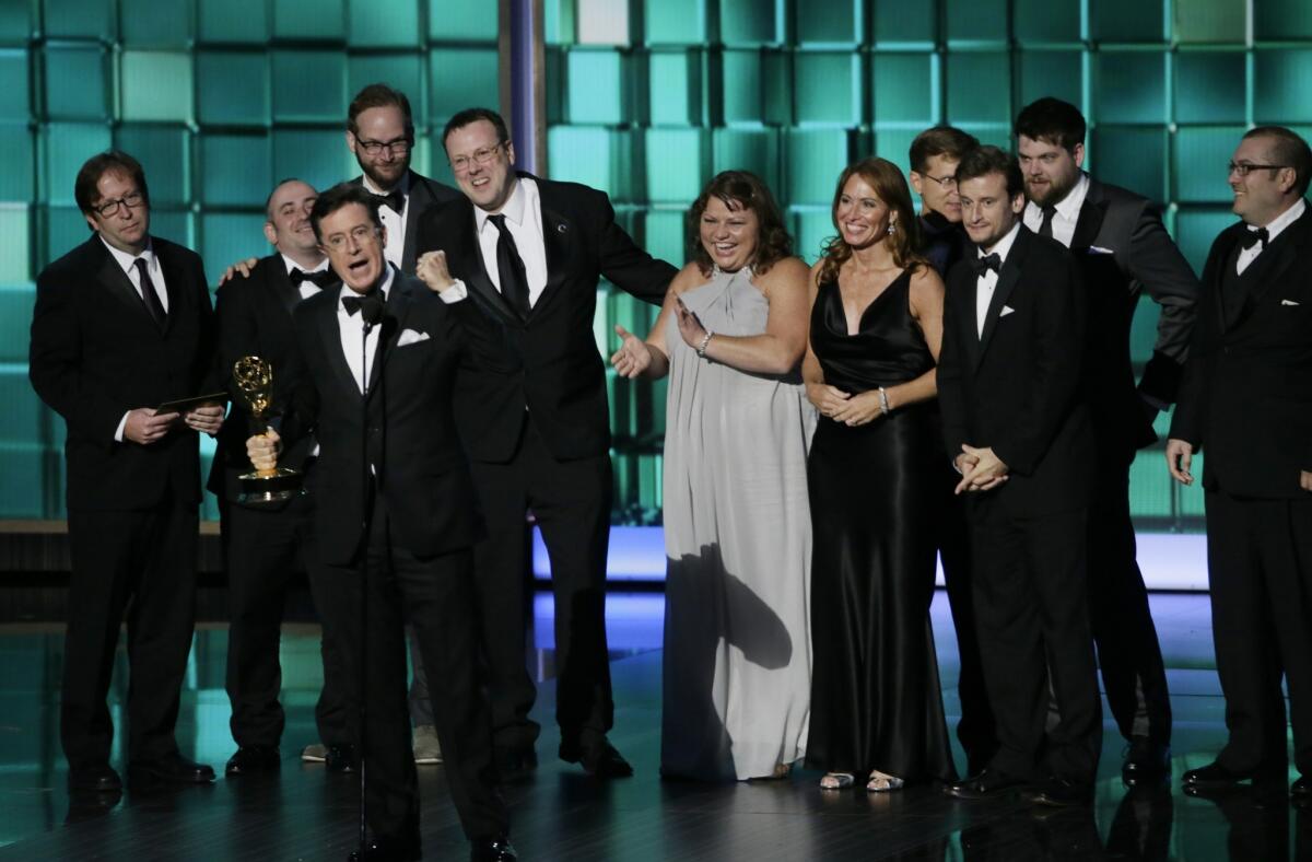 Stephen Colbert accepts the Emmy for variety series.