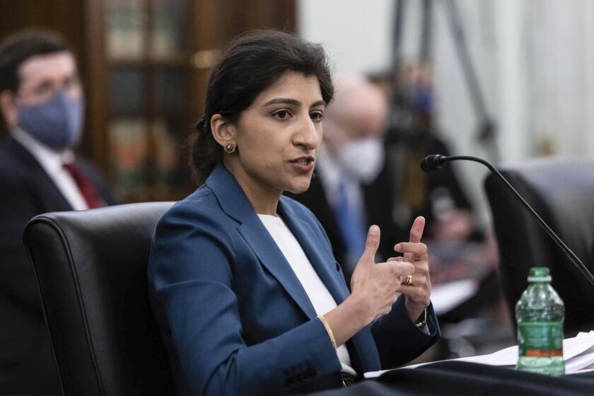Lina Khan, nominee for Commissioner of the Federal Trade Commission (FTC), speaks during a Senate Committee on Commerce, Science, and Transportation confirmation hearing, Wednesday, April 21, 2021 on Capitol Hill in Washington. (Graeme Jennings/Pool via AP)