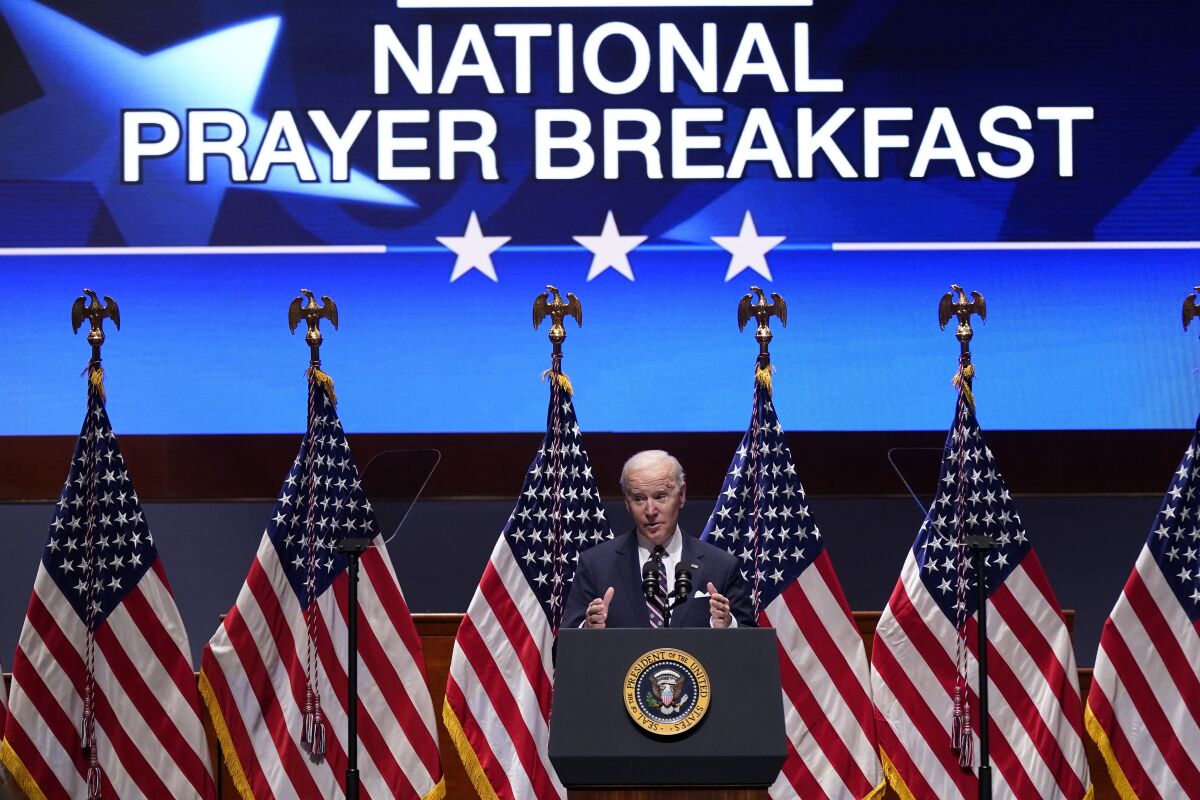 President Joe Biden speaks at the National Prayer Breakfast.