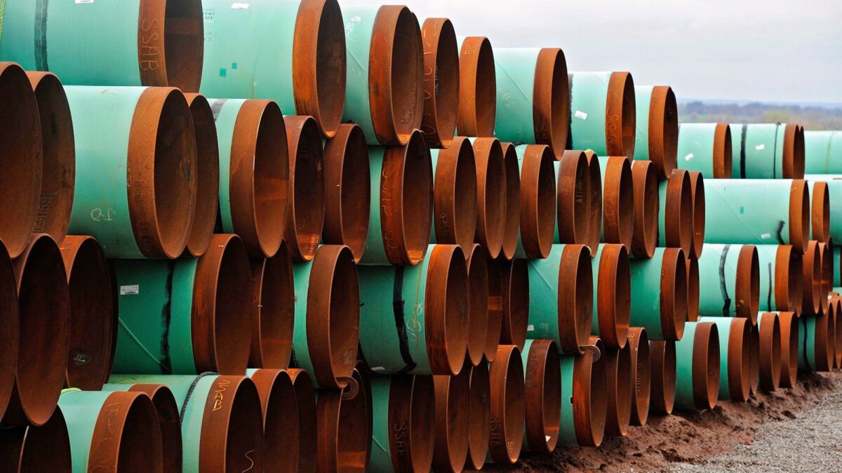 Piping for the Keystone XL line sits stacked at the TransCanada Pipe Yard near Cushing, Okla.