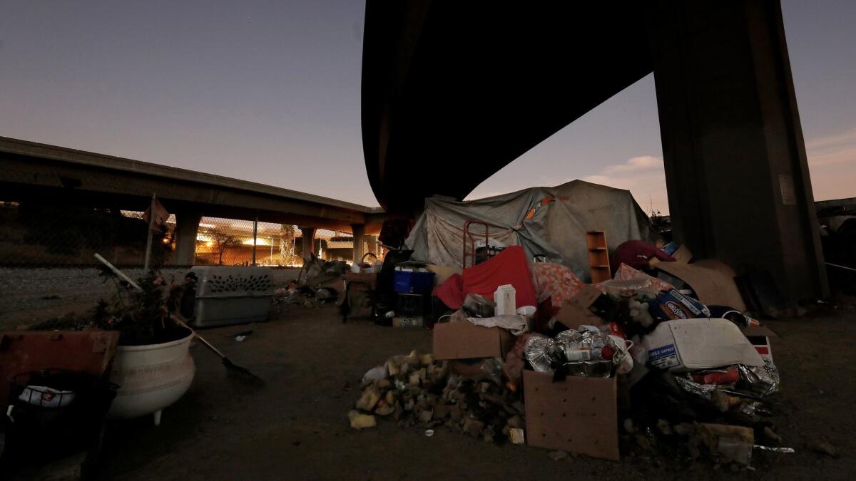 A homeless camp along West 117th Street and South Broadway in Los Angeles, where health officials have been directed to install public toilets and hand washing stations to combat the hepatitis A outbreak.