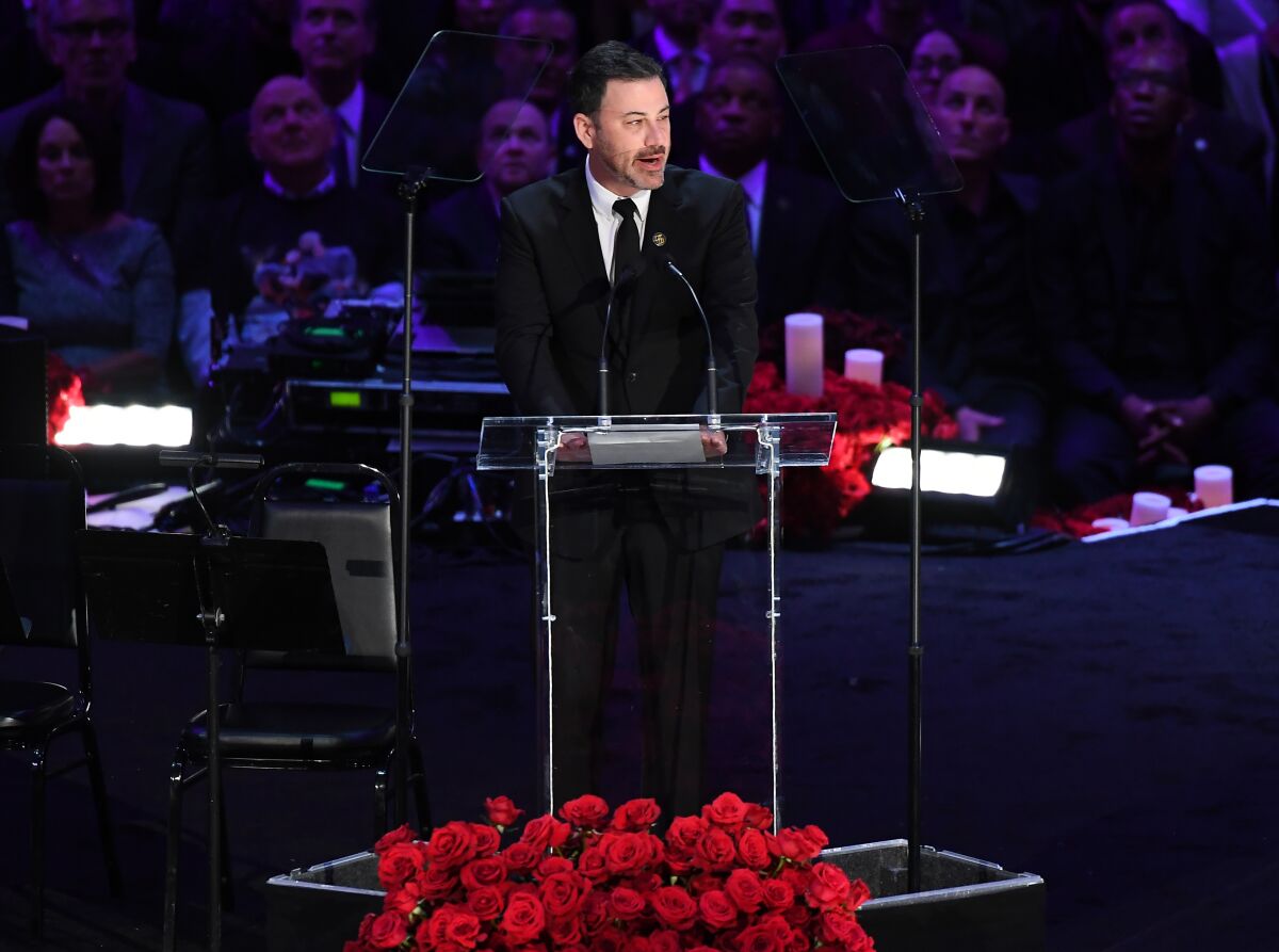 Jimmy Kimmel speaks during a memorial service for Kobe and Gianna Bryant at Staples Center on Sunday.
