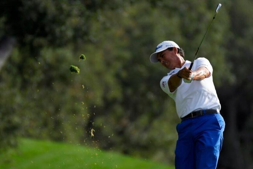 Tom Pernice Jr. hits a fairway shot on the 18th hole during the second round of the PowerShares QQQ Championship on Oct. 29.