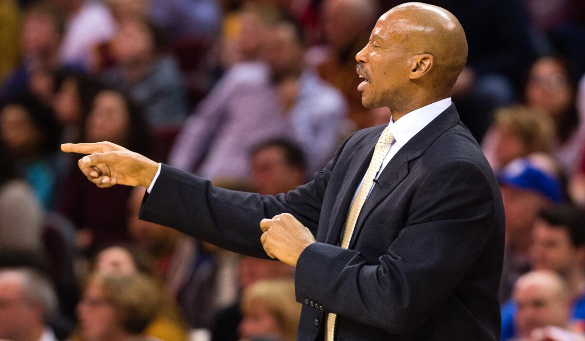 Lakers Coach Byron Scott yells instructions to his players during a game against the Cleveland Cavaliers on Feb. 8.