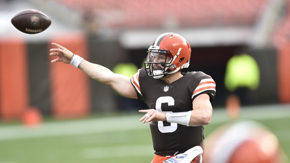 Cleveland Browns quarterback Baker Mayfield throws during the first half of an NFL football game against the Indianapolis Colts, Sunday, Oct. 11, 2020, in Cleveland. (AP Photo/David Richard)