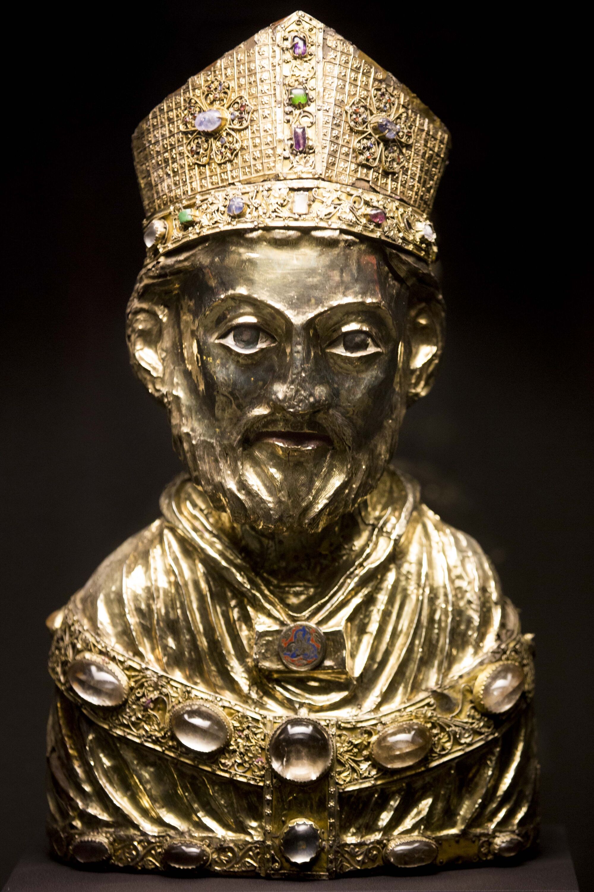A medieval bust of St. Blaise, part of the Guelph Treasure, is displayed at the Bode Museum in Berlin.