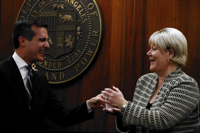 Mayor Eric Garcetti with Marcie Edwards, general manager of the Los Angeles Department of Water and Power, in 2014.