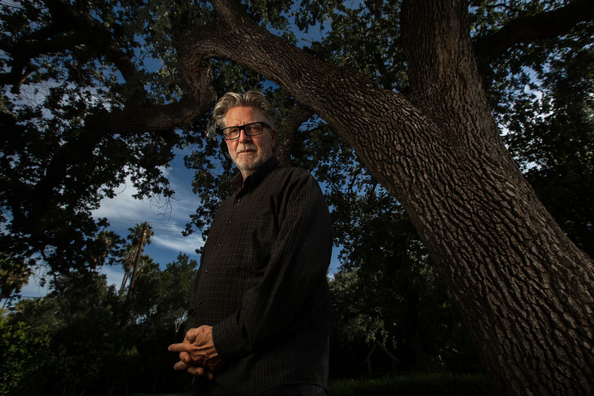A man poses by a tree.