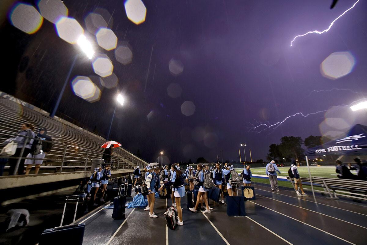 Corona del Mar High's football game against Los Alamitos was cancelled due to lightning with 59 seconds left in the first quarter and the game tied at 7-7 at Cerritos College in Norwalk on Friday.