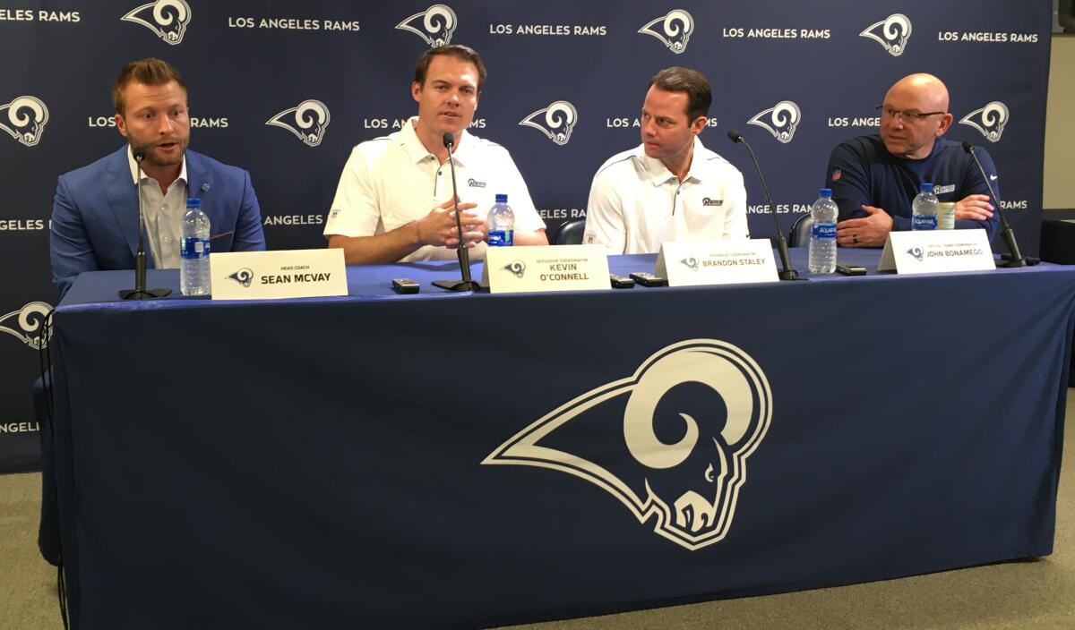 From left, Rams coach Sean McVay introduces Kevin O'Connell, Brandon Staley and John Bonamego in February 2020.