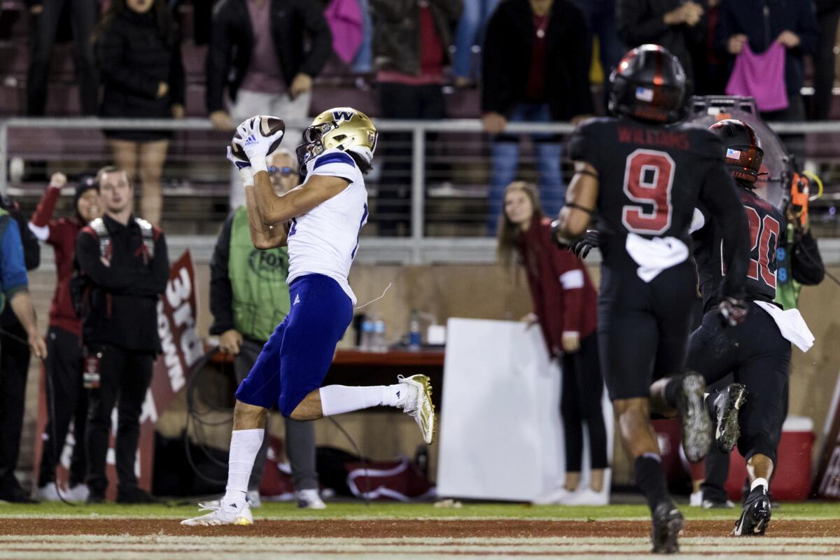 Washington wide receiver Jalen McMillan catches a touchdown pass against Stanford on Oct. 30, 2021.