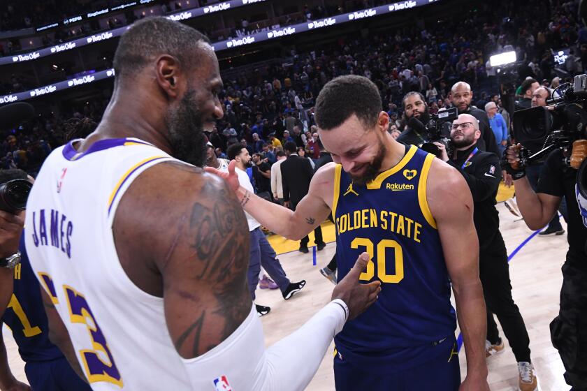 SAN FRANCISCO, CA - JANUARY 27: LeBron James #23 of the Los Angeles Lakers shakes hands.