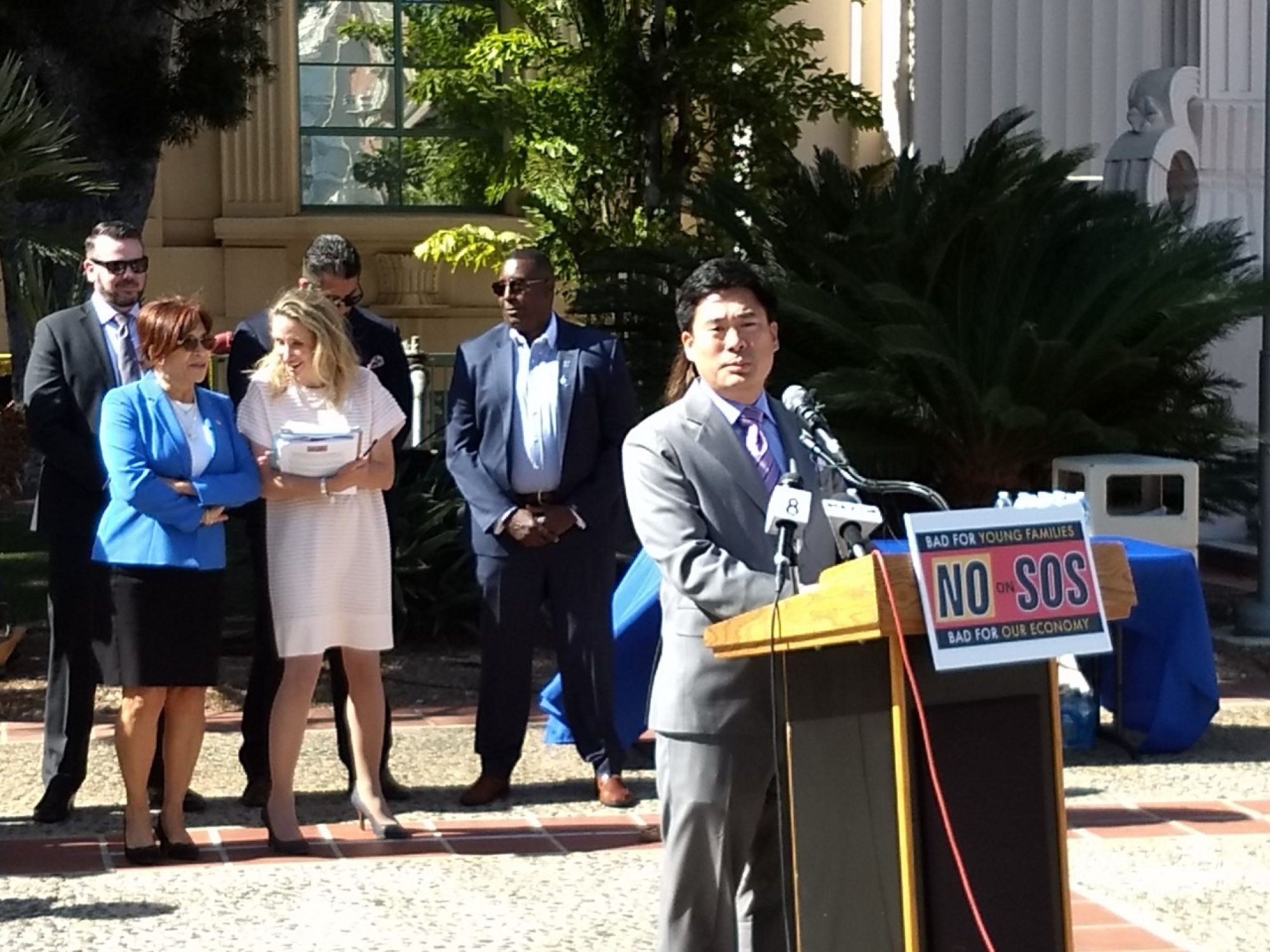 Haney Hong, San Diego County Taxpayers Association president, speaks at a news conference Tuesday kicking off the No on SOS campaign.