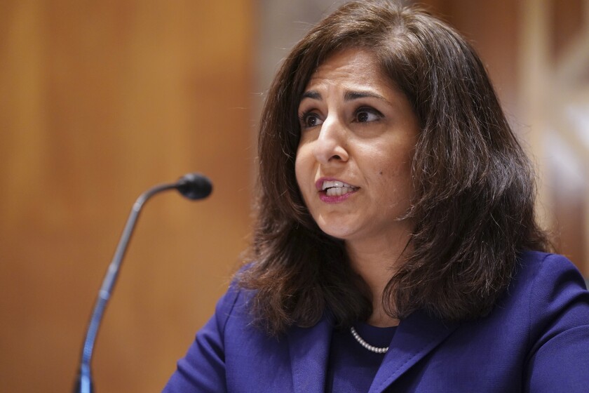 Neera Tanden testifies before the Senate Homeland Security and Government Affairs committee on her nomination to become the Director of the Office of Management and Budget (OMB), during a hearing Tuesday, Feb. 9, 2021 on Capitol Hill in Washington. (Leigh Vogel/Pool via AP)