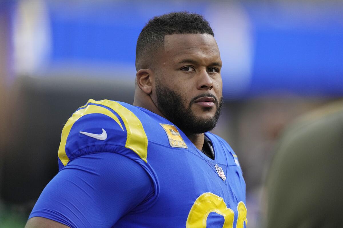 Rams defensive tackle Aaron Donald looks on from the bench Nov. 13, 2022.