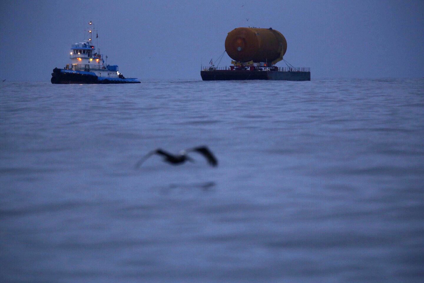 ET-94, NASA's last remaining space shuttle external tank, arrives in Marina del Rey early Wednesday morning.