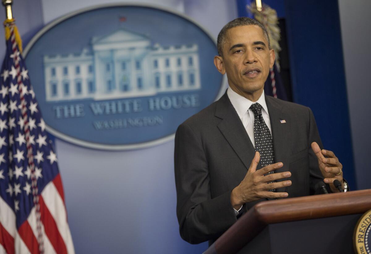 President Obama speaks in the White House in Washington.