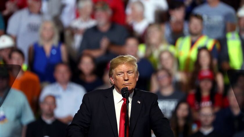 President Donald Trump speaks during a campaign rally at Four Seasons Arena in Great Falls, Montana. President Trump held a campaign style 'Make America Great Again' rally in Great Falls, Montana with thousands in attendance.