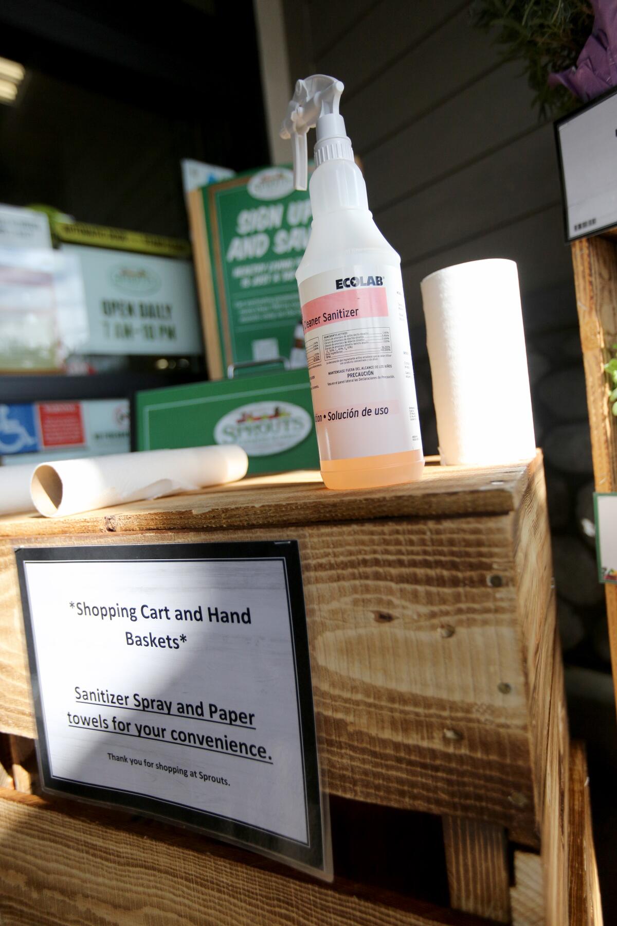 Because of novel coronavirus precautions, Sprouts placed sanitizer and paper towels outside the store.