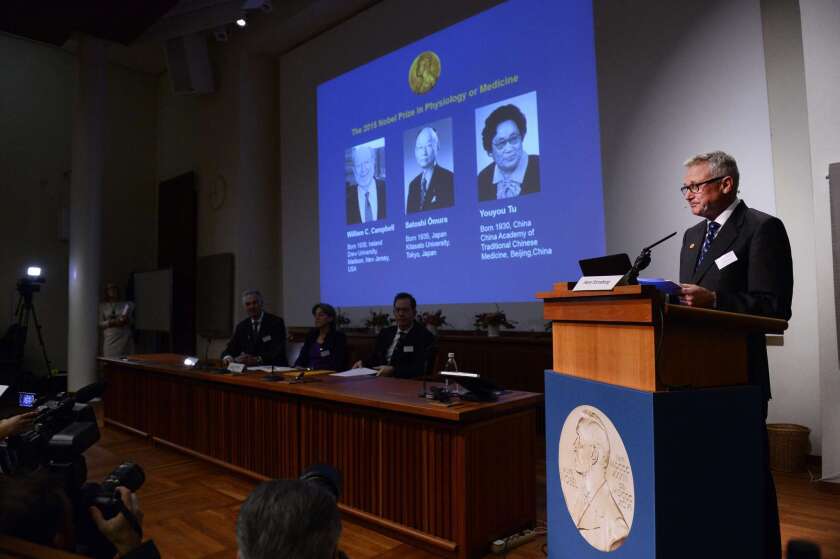 Hans Forssberg, member of the Nobel Assembly, announces the winners of the Nobel Prize in medicine at the Karolinska Institute in Stockholm on Oct. 5.