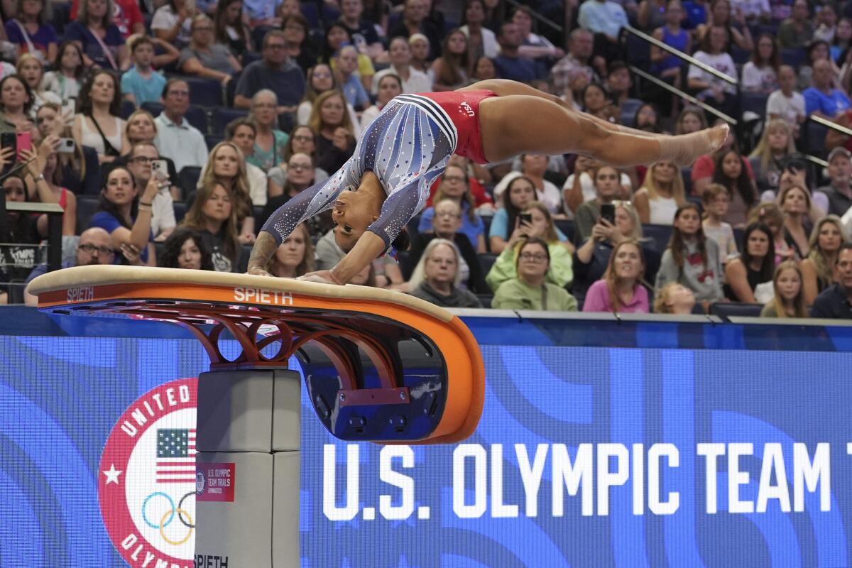Jordan Chiles competes on the vault at the U.S. Olympic gymnastics trials on Friday.