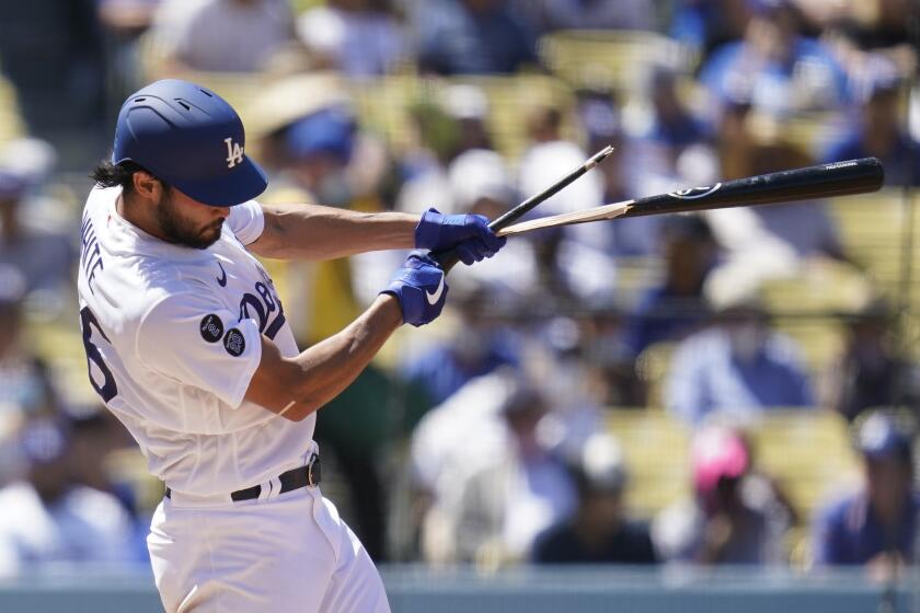 Los Angeles Dodgers' Mitch White breaks a bat as he grounds out during the third inning.
