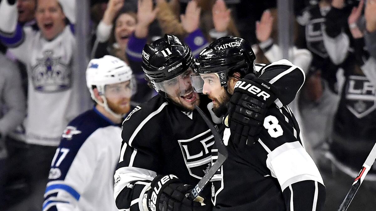 Kings defenseman Drew Doughty (8) is congratulated by center Anze Kopitar after scoring against the Jets during the third period Thursday night.