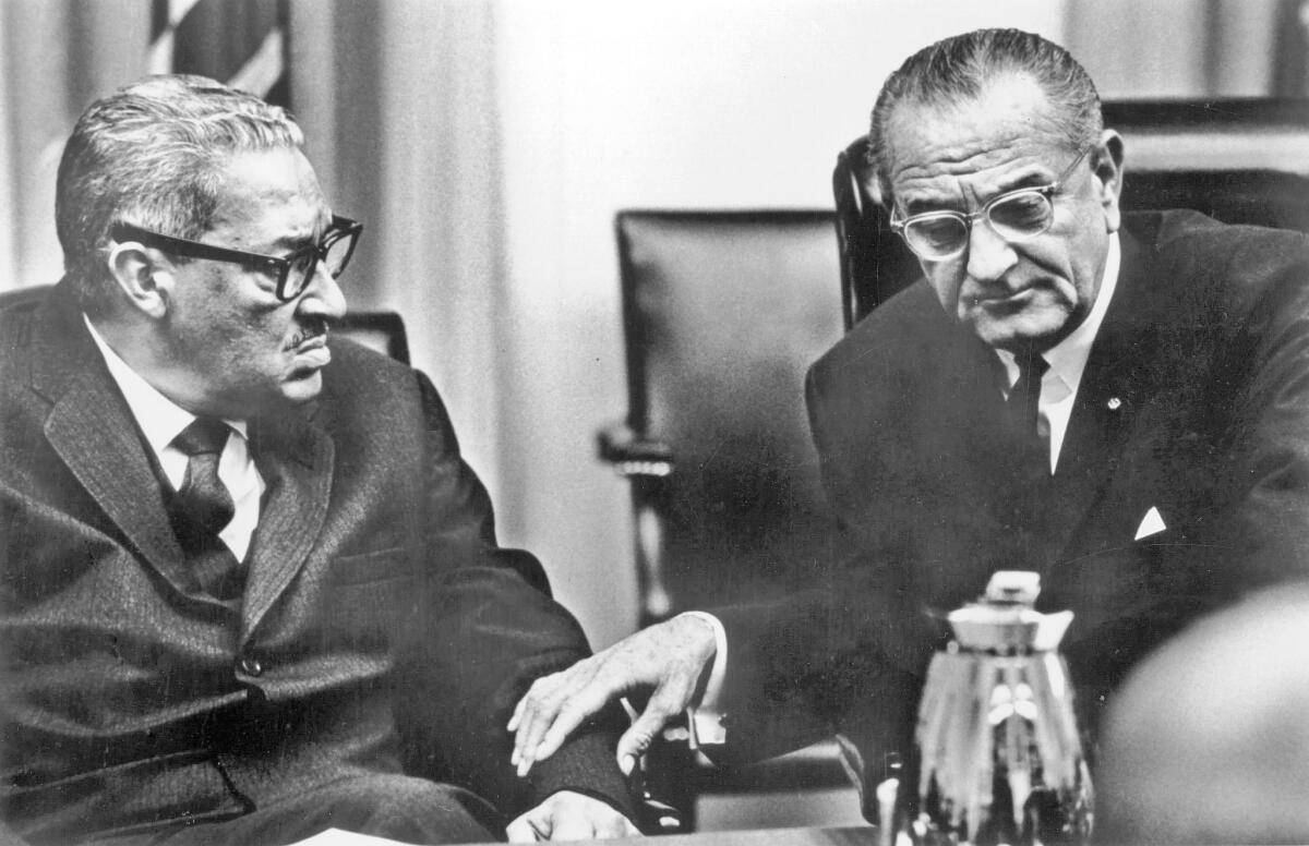 Thurgood Marshall, left, was nominated for the U.S. Supreme Court by President Lyndon B. Johnson.