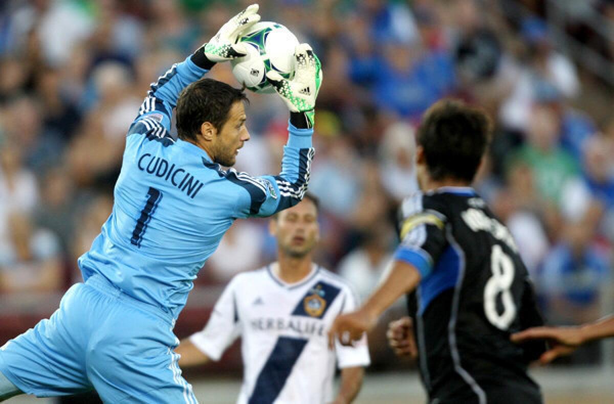 Galaxy goalkeeper Carlo Cudicini makes a save against the San Jose Earthquakes during an MLS game last week at Stanford Stadium.