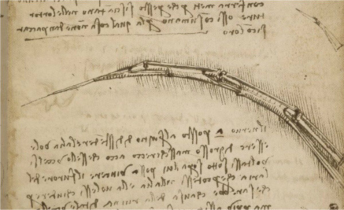 A page from a 1505 notebook created by Leonardo da Vinci, in which he explored the mechanics of flight.