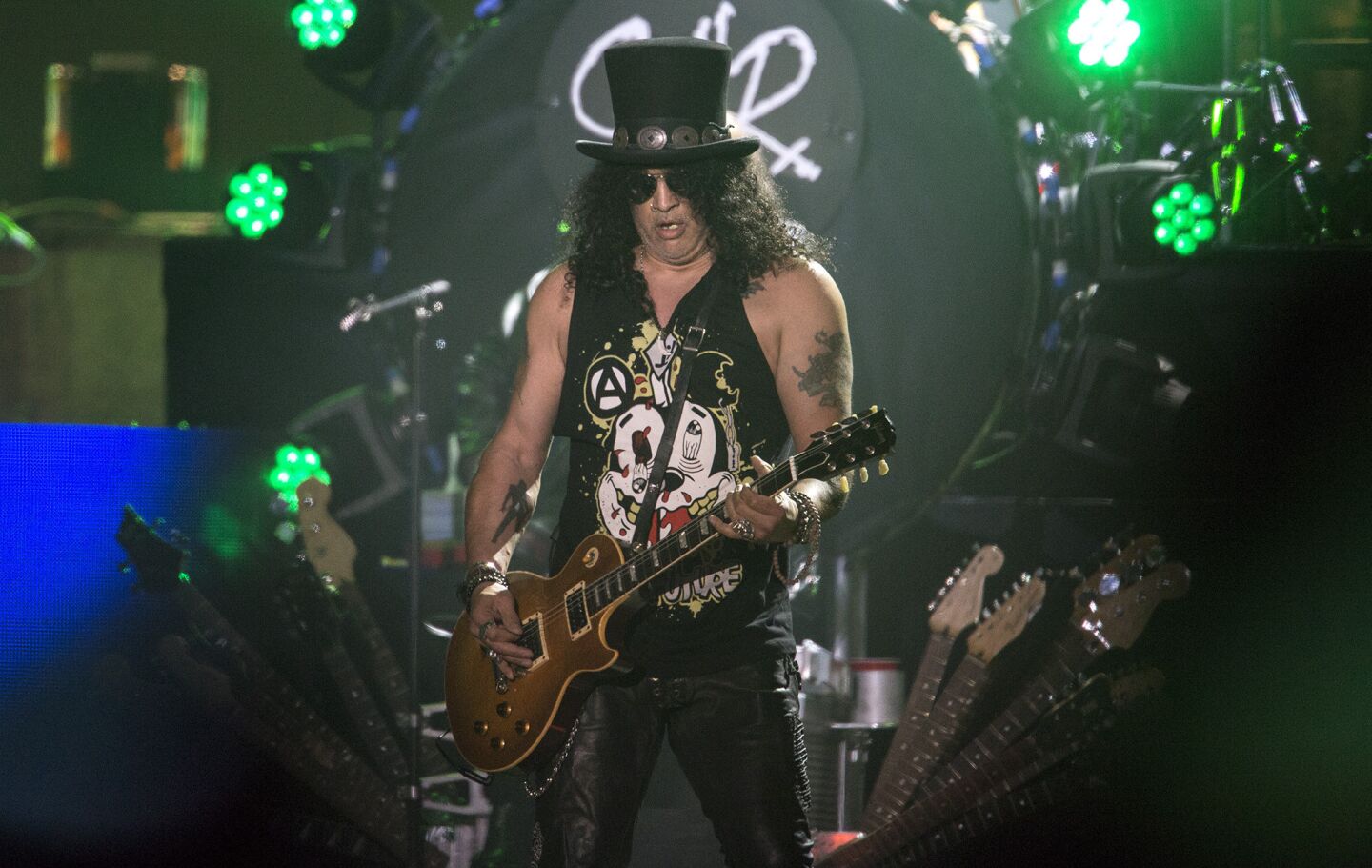 Guns N' Roses' Slash onstage at the Coachella Valley Music and Arts Festival.